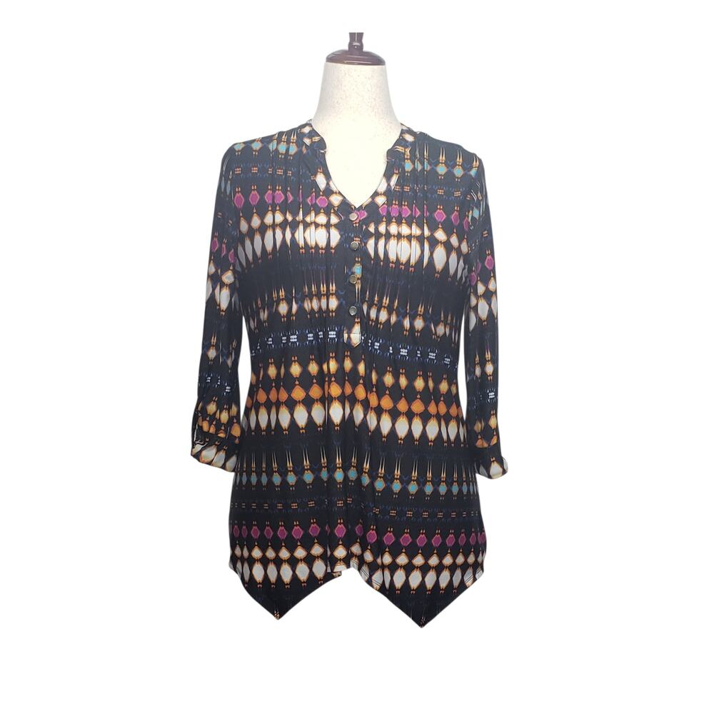 New Directions Geometric Tunic Top L Black Multicolor V-Neck Sharkbite